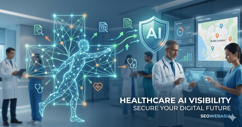 Medical professionals in a modern clinic environment using holographic AI data interfaces for patient care and location-based healthcare visibility in Kuala Lumpur, optimised by SEOWebAsia